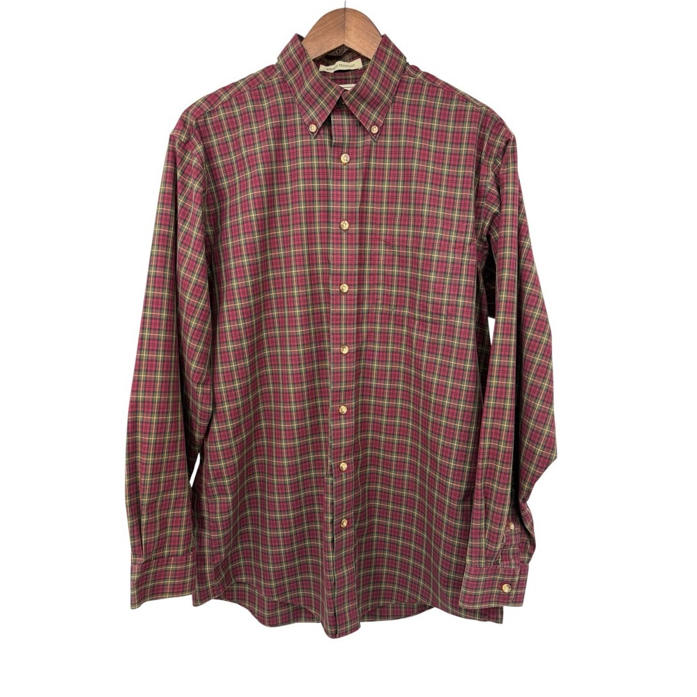 L.L.Bean Wrinkle Resistant Plaid Button‎ Up Shirt Mens Med Tall Red Green Cotton
